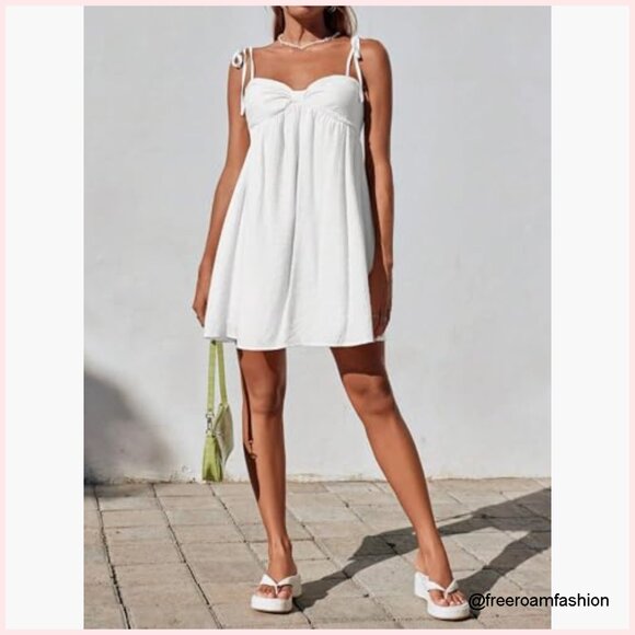 White Tie Shoulder Cami Dress Spaghetti Strap Backless Ruched Mini - Picture 3 of 7